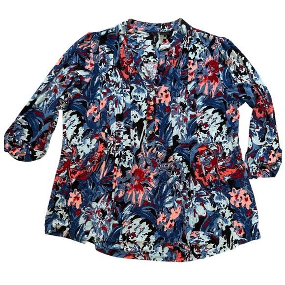 Women's New Directions Curvy Henley Roll Tab  Button Front Pleated Blouse 1X - Picture 1 of 4
